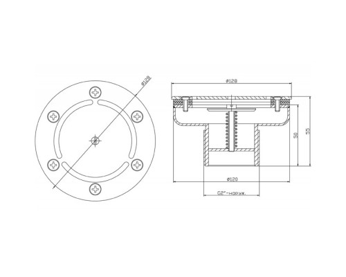 Форсунка донная регулируемая Ø 120 (плёнка) G2" (наружн.) нерж. ст. AISI-304