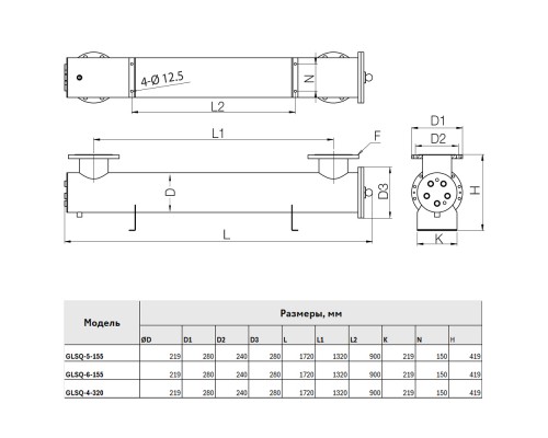 Ультрафиолетовая установка GLSQ,  6х155 Вт, 130 м³/час, DN150, AISI304, 220В, мех.оч.