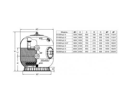 Фильтр K1400тд1.0-4 bar, шпул. навивки Д.1400мм, 77м³/час,выс.1м. п.4",труб.,доп.опц 4bar
