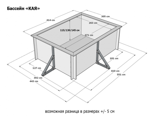 Деревянный бассейн "Кая" 370 х 250 х 145 см прямоугольный морозоуйстойчивый