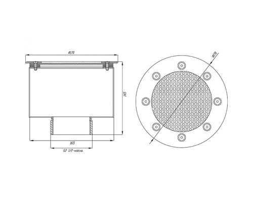 Водозабор с сетчатой крышкой д.165x100 (плитка) G2,5" (наружн.) нерж. AISI-304
